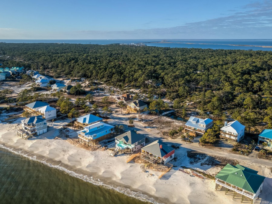 Aerial shot of Dauphin Island rental homes on the beach