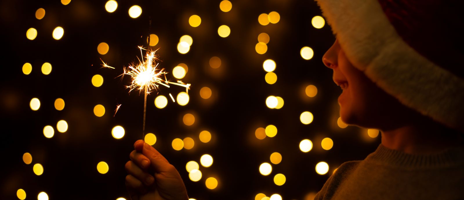 child holding sparkler at Christmas lights show